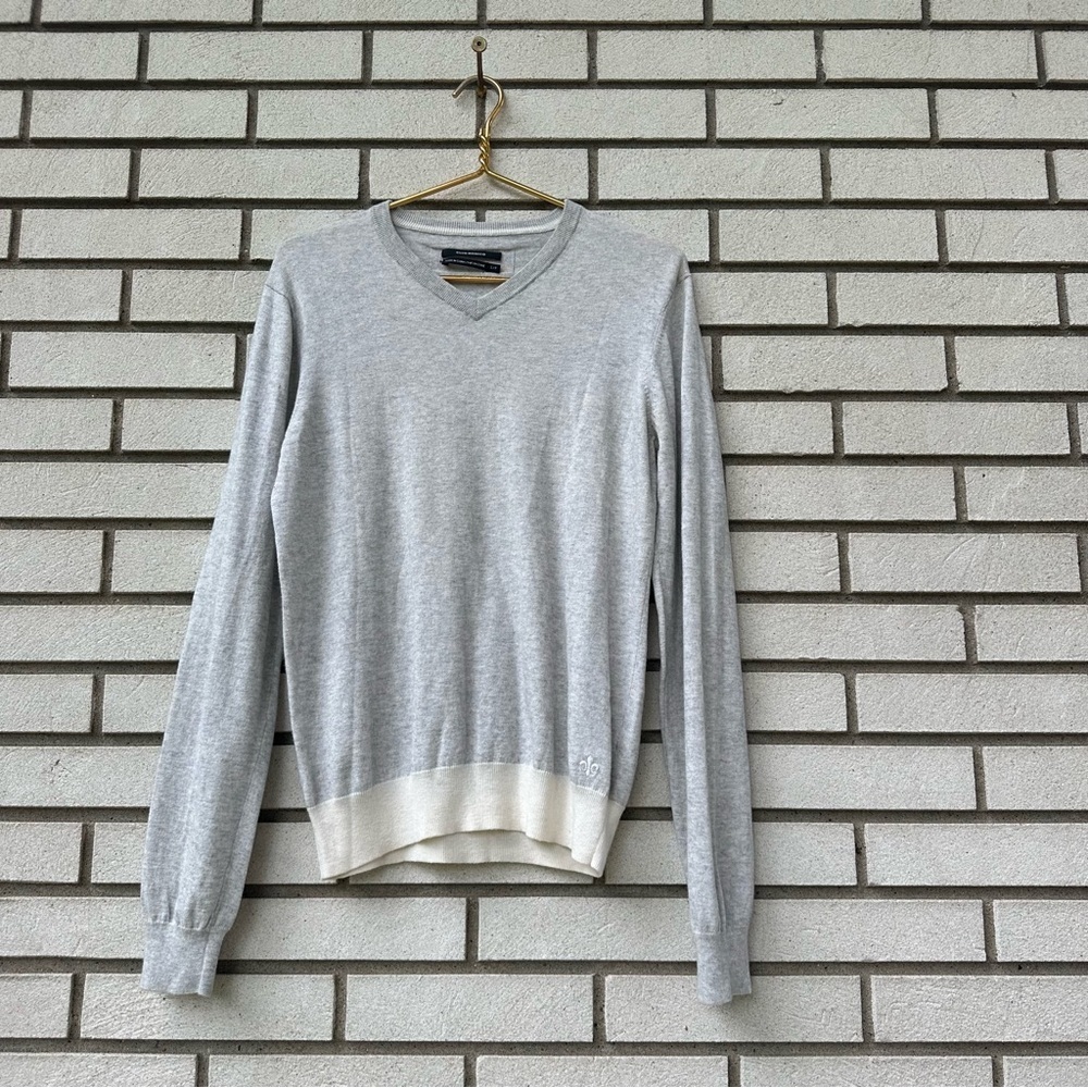 Club‎ Monaco Men’s Gray Cashmere Cotton Sweater Small Contrast Hem Fleur Logo